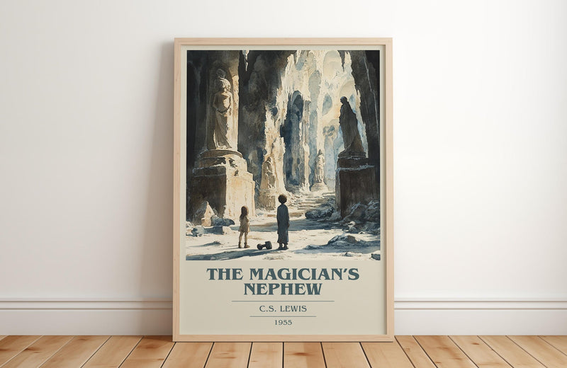 The Magician's Nephew book cover print in frame leaning in hallway – childrens wall art