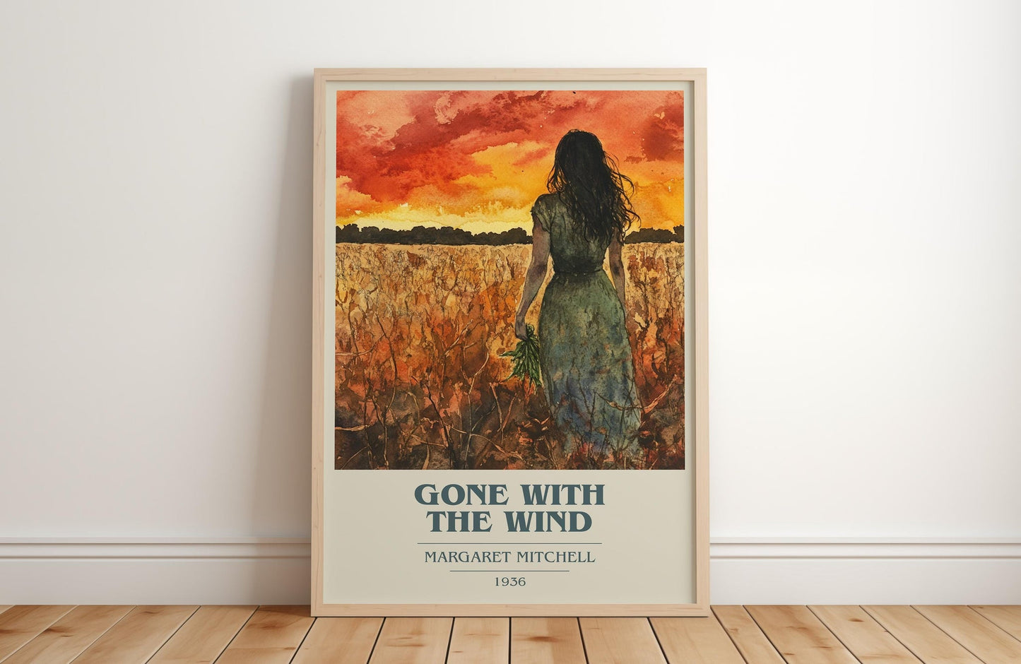 Gone with the Wind book cover print in frame leaning in hallway – historical fiction wall art