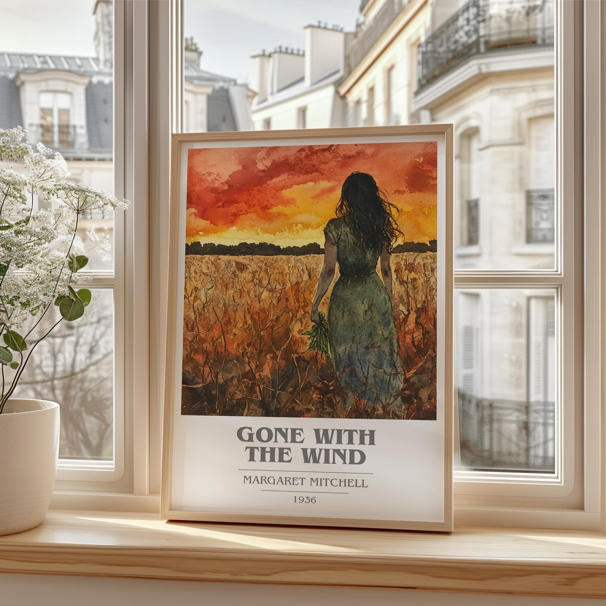 Gone with the Wind book cover print framed by window – literary home decor