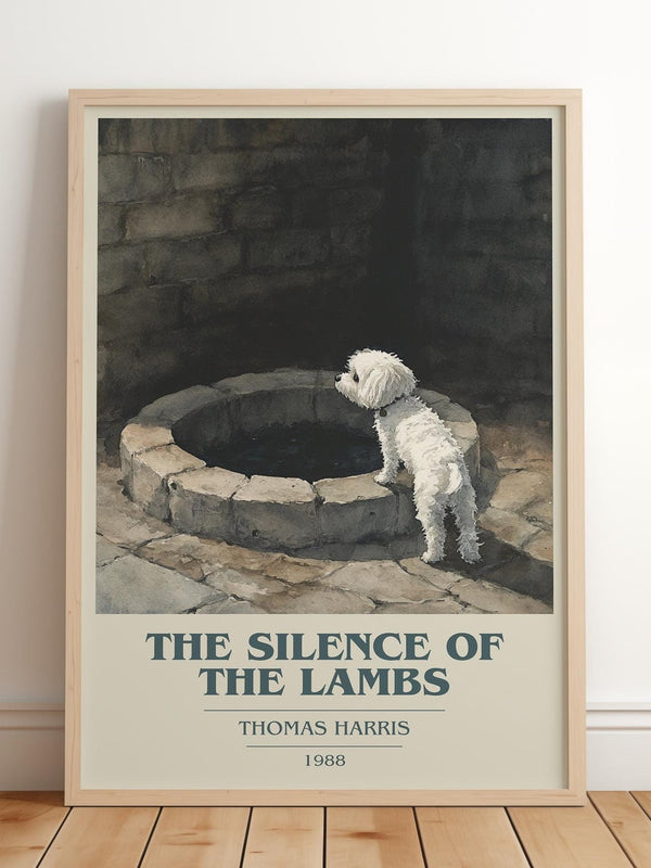 The Silence of the Lambs book cover print in frame leaning in hallway – thriller wall art