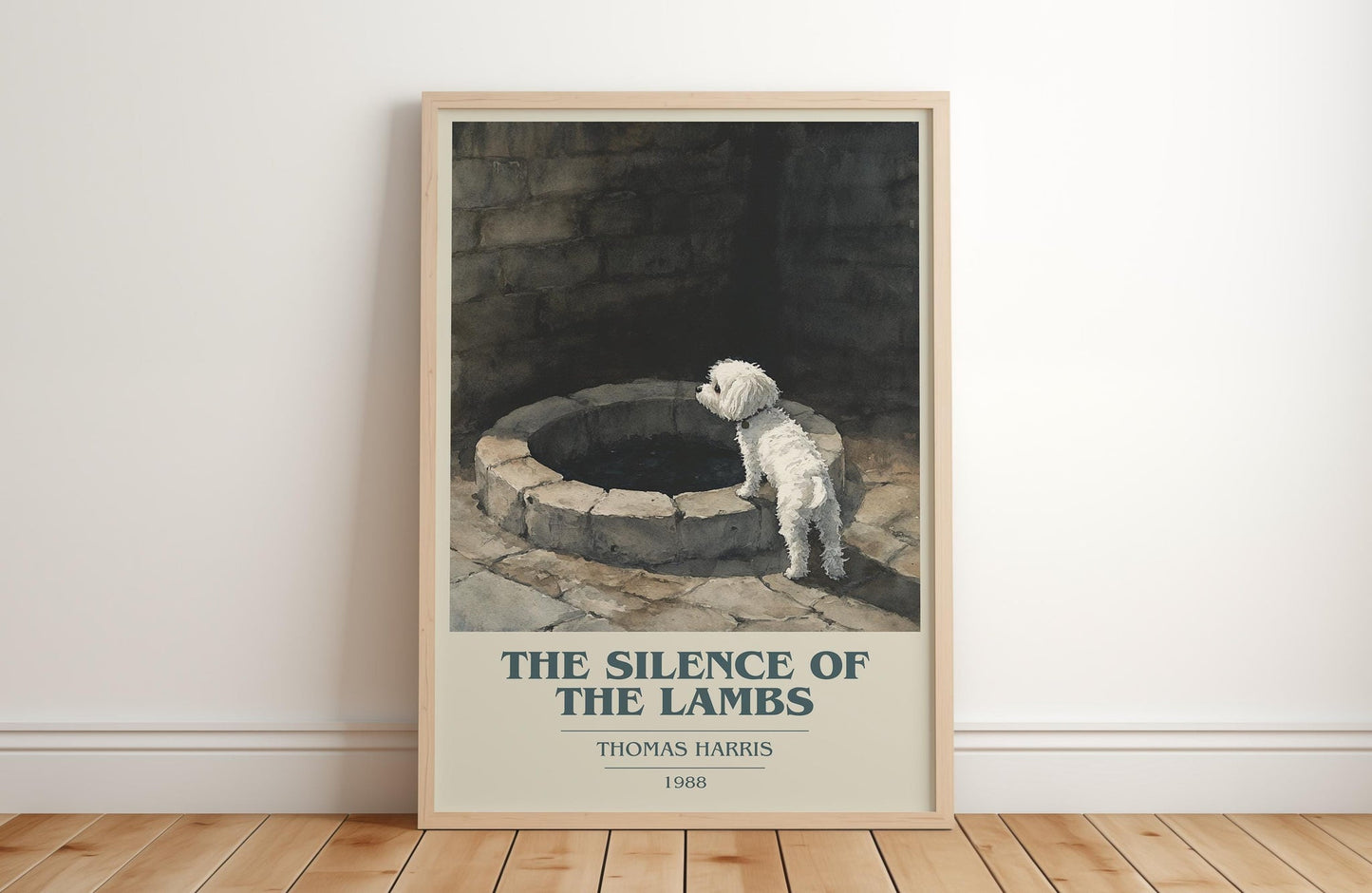 The Silence of the Lambs book cover print in frame leaning in hallway – thriller wall art