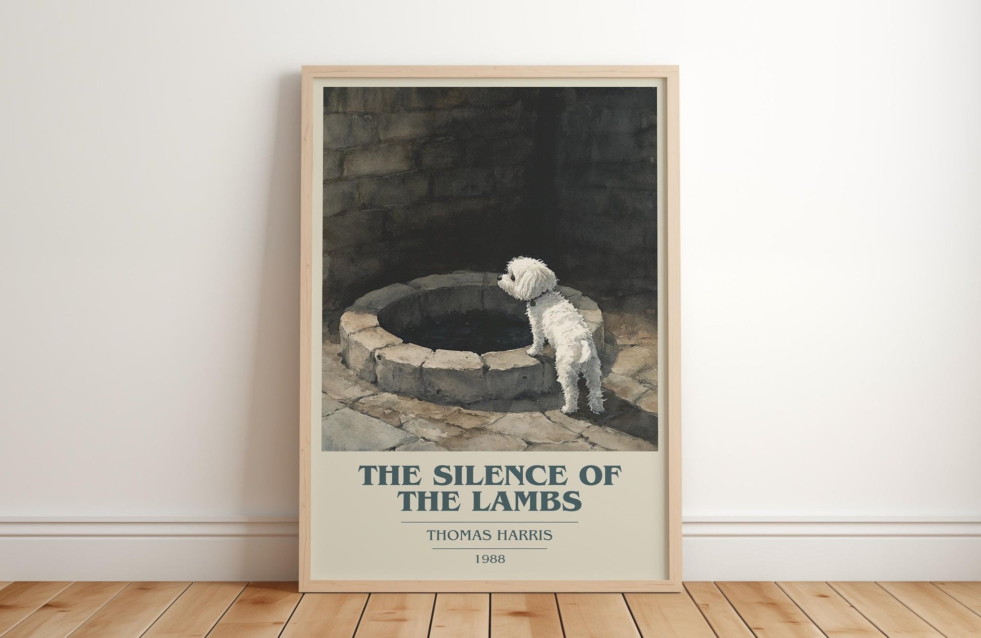 The Silence of the Lambs book cover print in frame leaning in hallway – thriller wall art
