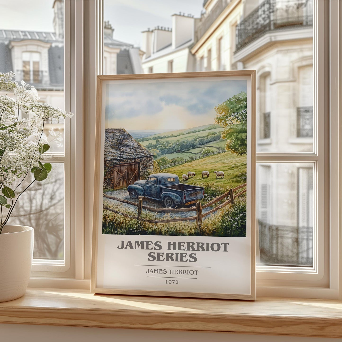 James Herriot Series book cover print framed by window – literary home decor