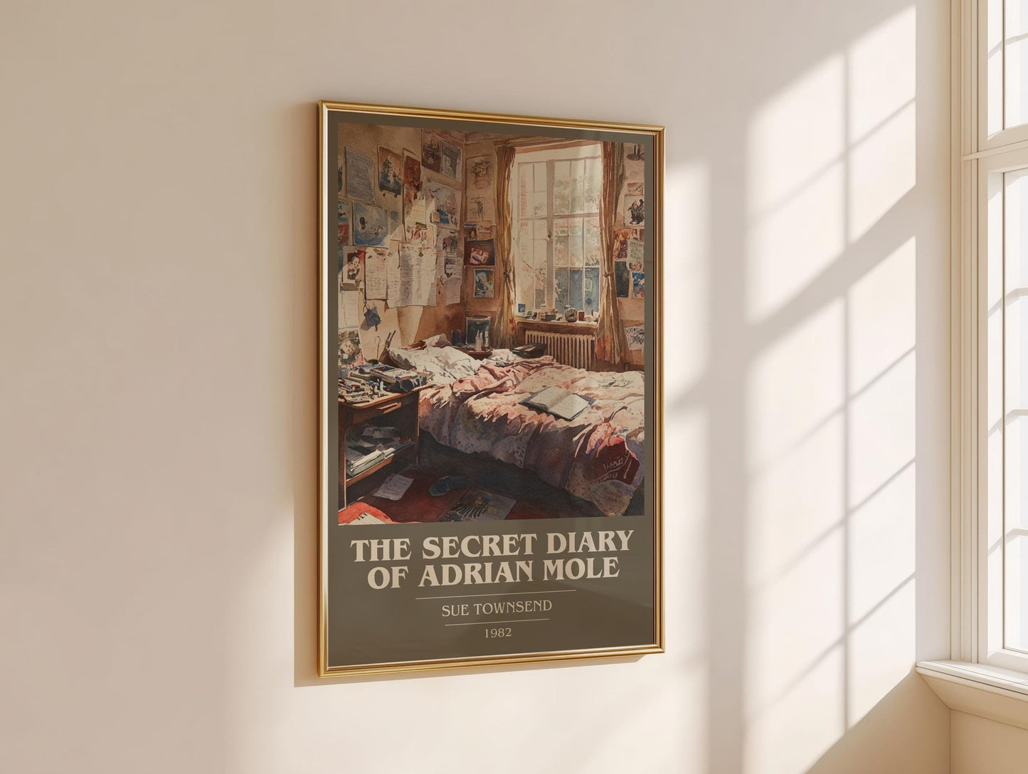 The Secret Diary Of Adrian Mole book cover print on bookshelf – Sue Townsend fan gift