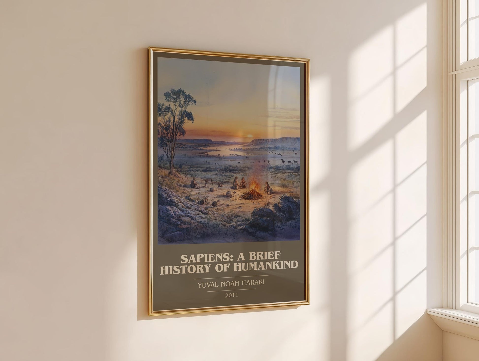 Sapiens: A Brief History of Humankind book cover print framed by window – literary home decor
