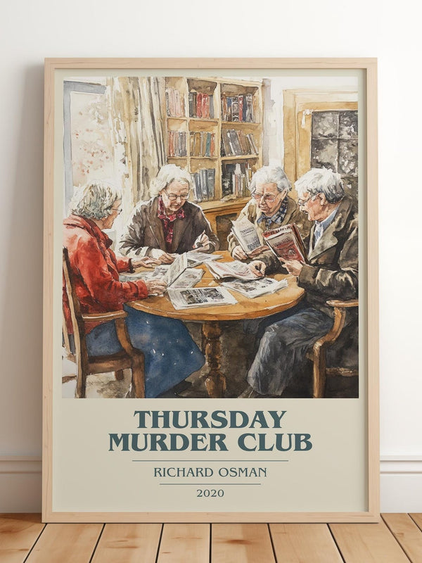 Thursday Murder Club book cover print in frame leaning in hallway – crime wall art