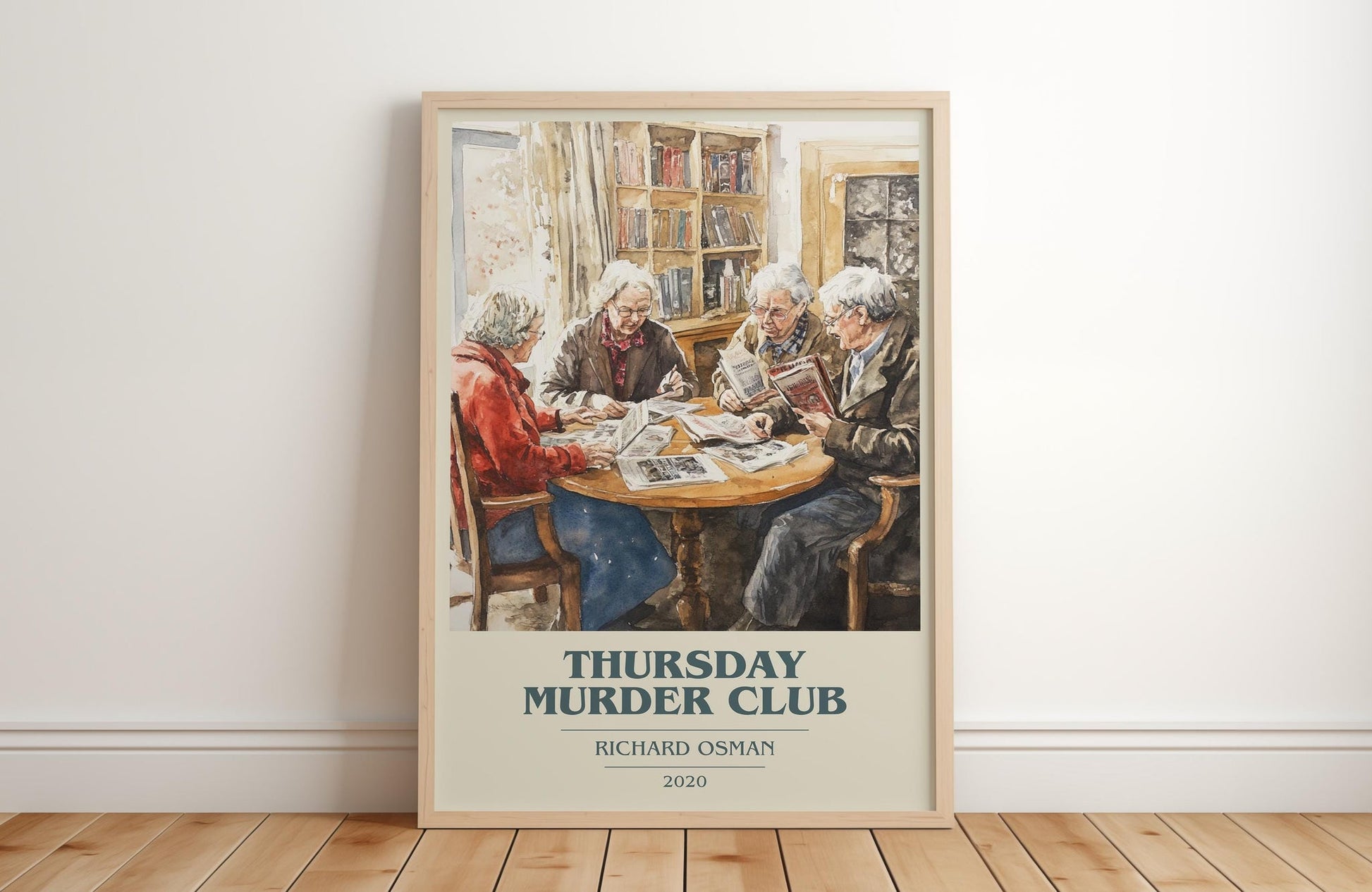 Thursday Murder Club book cover print in frame leaning in hallway – crime wall art