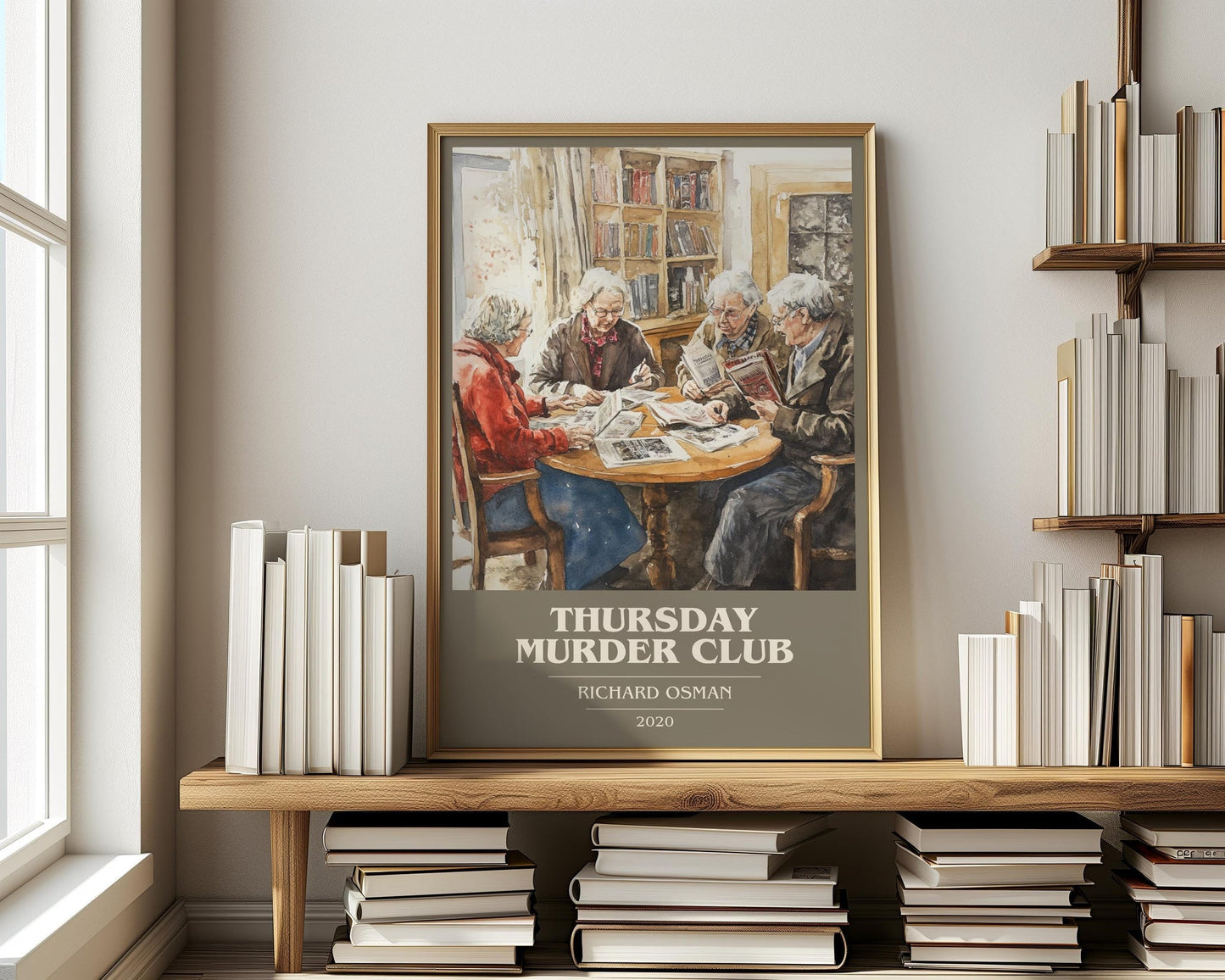Thursday Murder Club book cover print on bookshelf – Richard Osman fan gift
