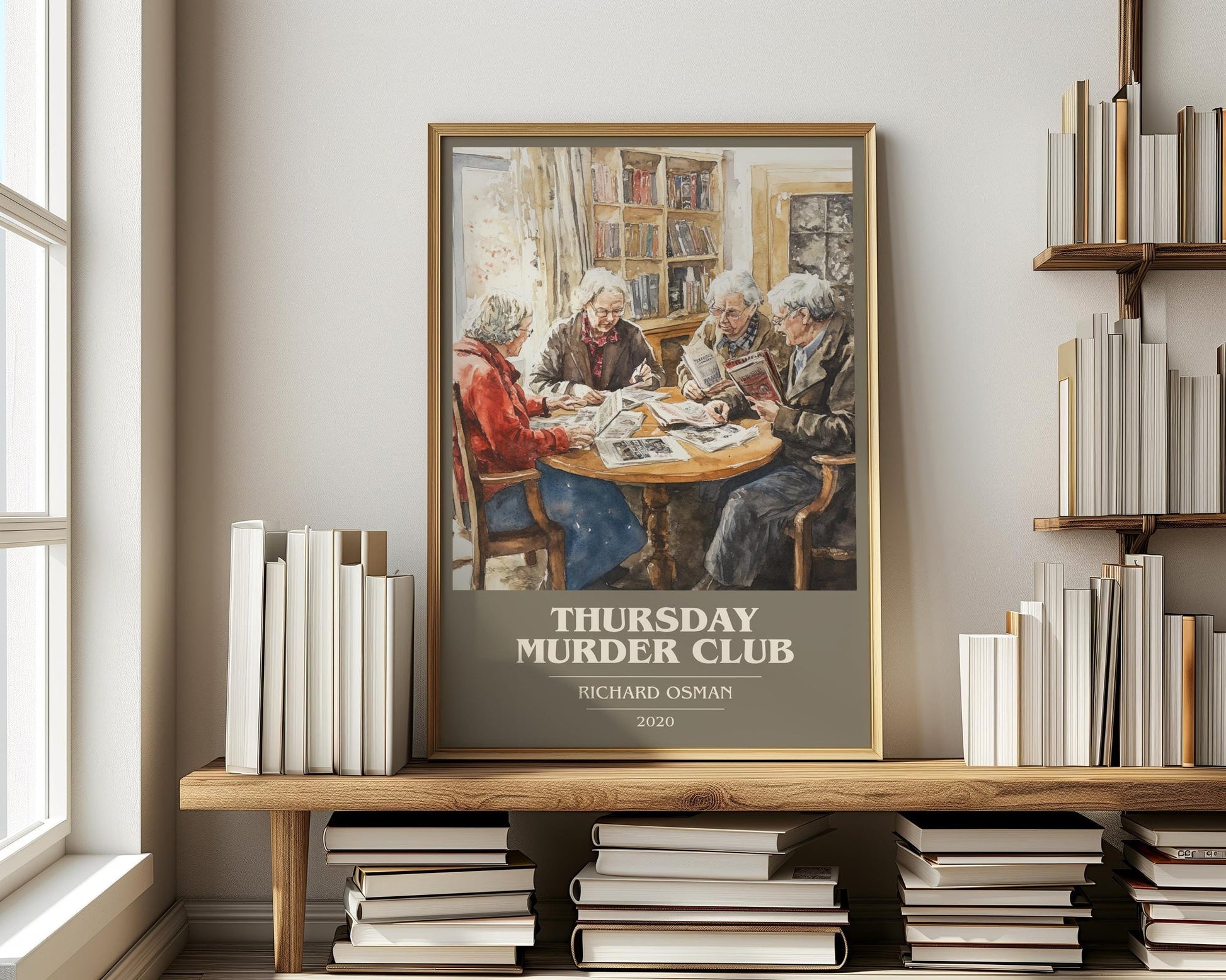 Thursday Murder Club book cover print on bookshelf – Richard Osman fan gift