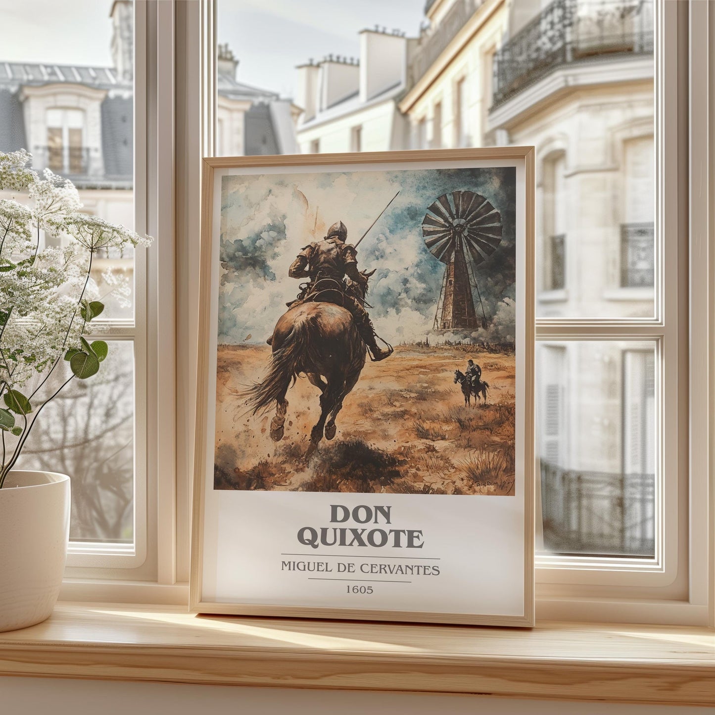 Don Quixote book cover print framed by window – literary home decor