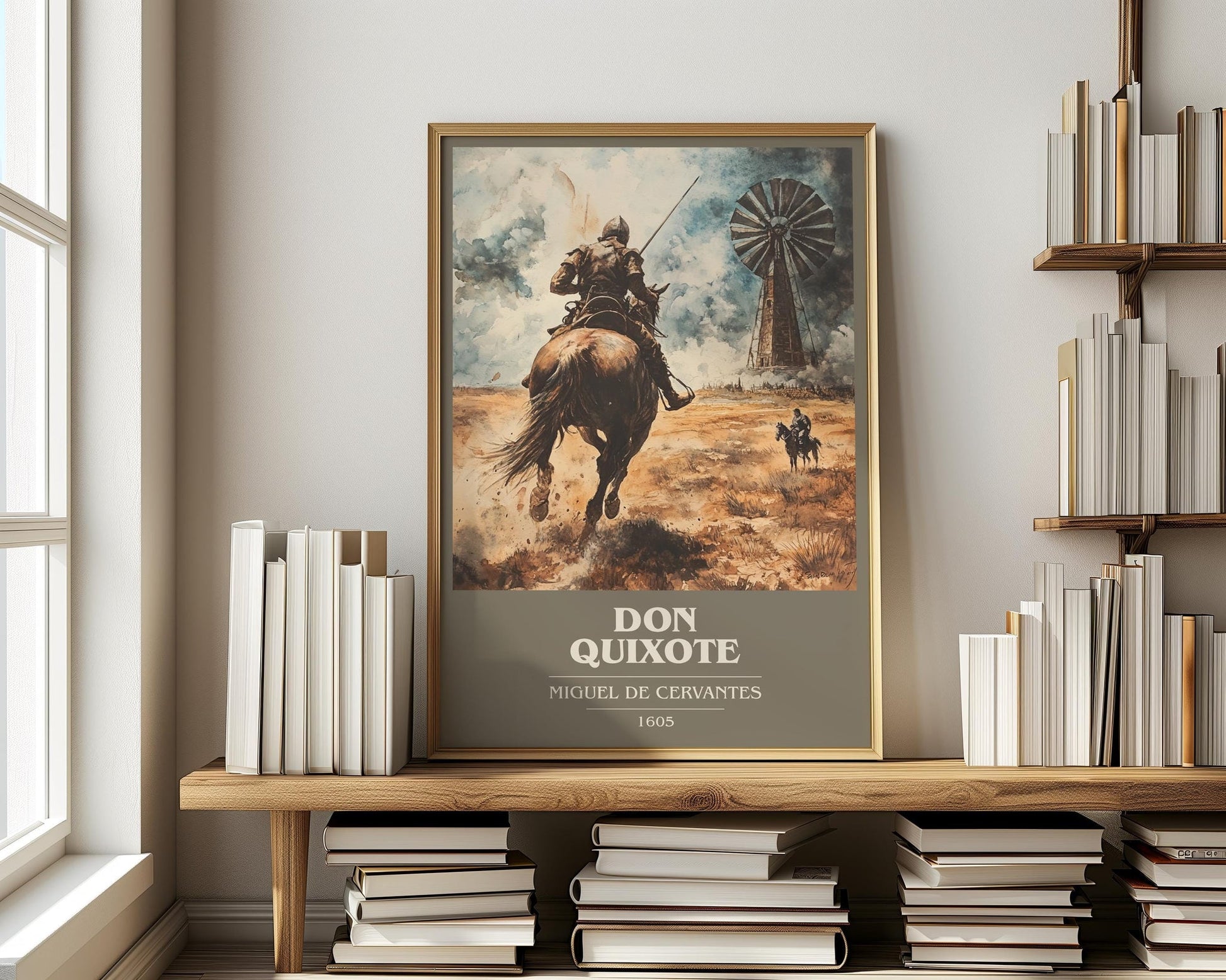 Don Quixote book cover print on bookshelf – Miguel De Cervantes fan gift