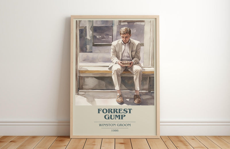 Forrest Gump book cover print in frame leaning in hallway – literary fiction wall art