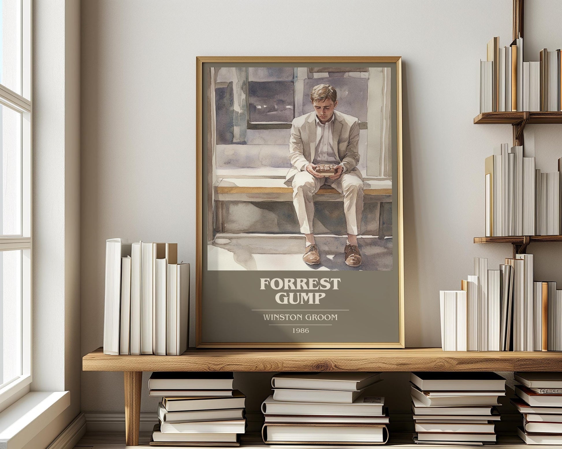 Forrest Gump book cover print on bookshelf – Winston Groom fan gift