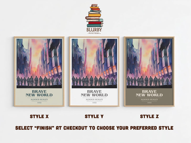 Brave New World book cover print in frame leaning in hallway – dystopian wall art