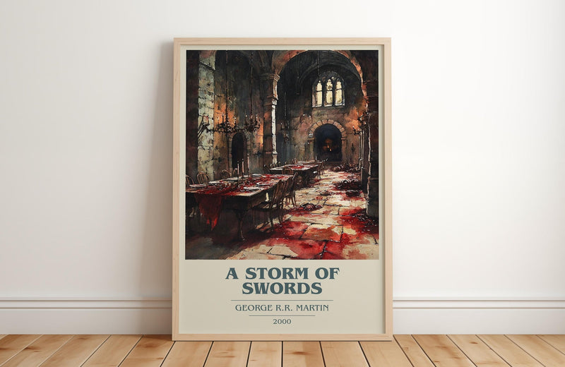A Storm of Swords book cover print in frame leaning in hallway – fantasy wall art