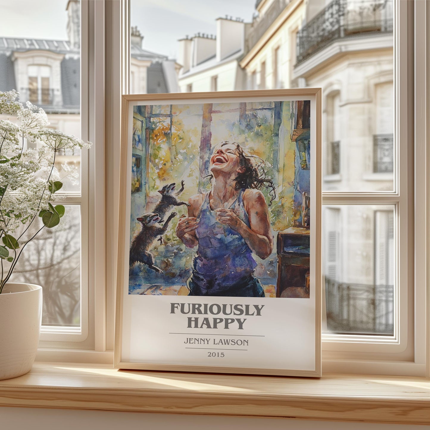Furiously Happy book cover print framed by window – literary home decor