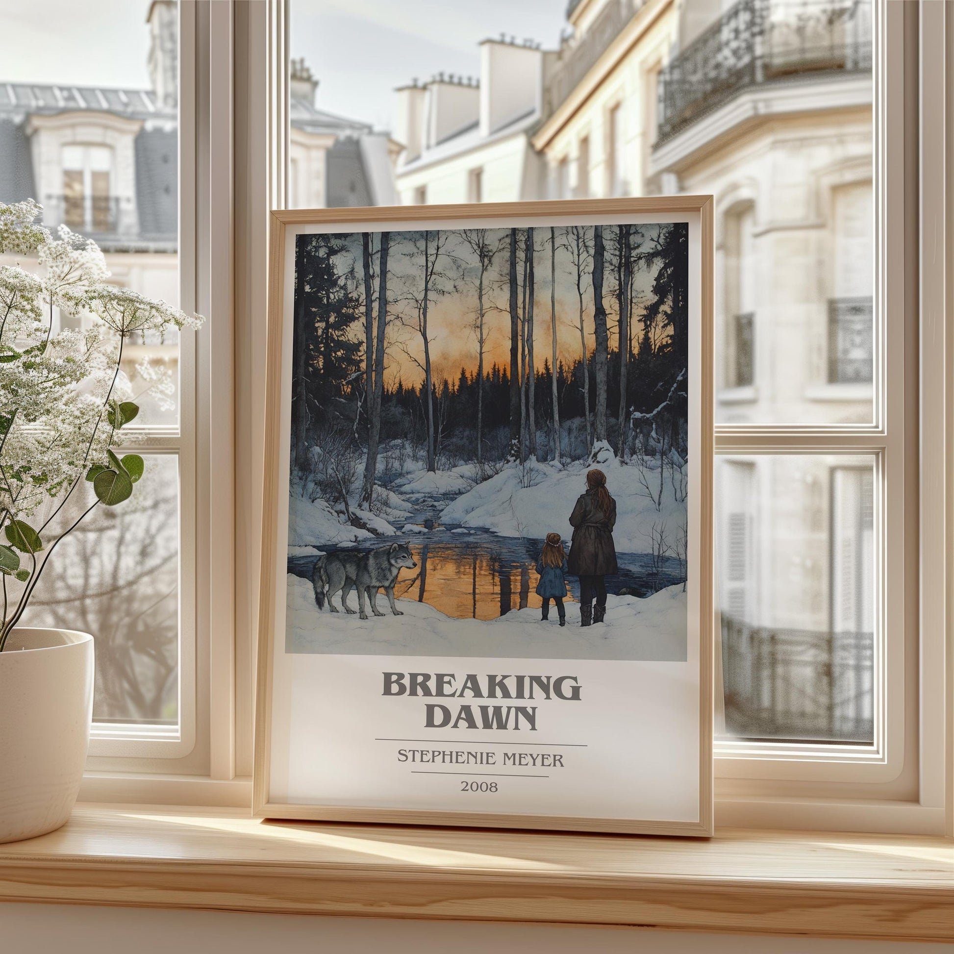 Breaking Dawn book cover print framed by window – literary home decor