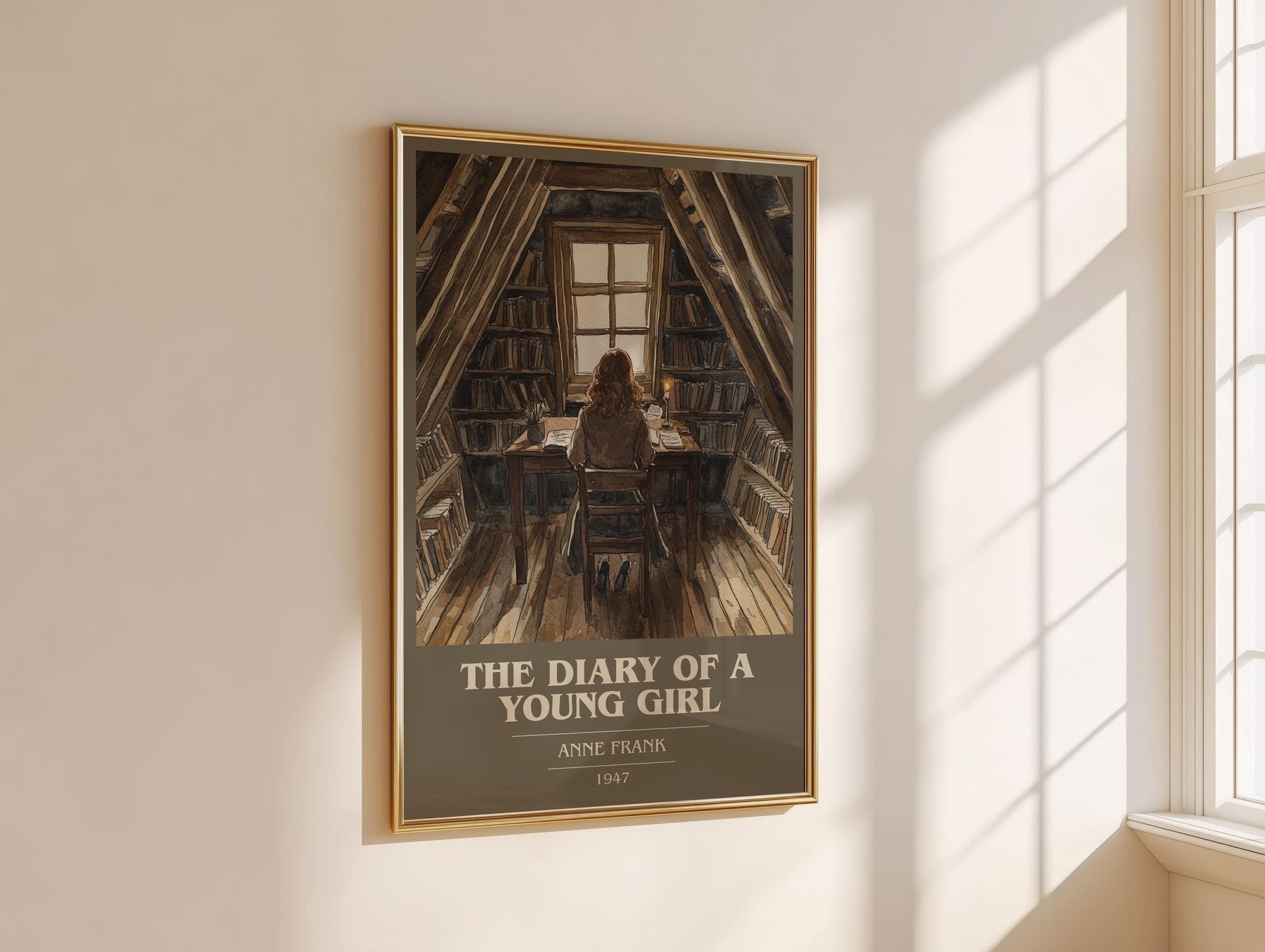 The Diary Of A Young Girl book cover print framed by window – literary home decor