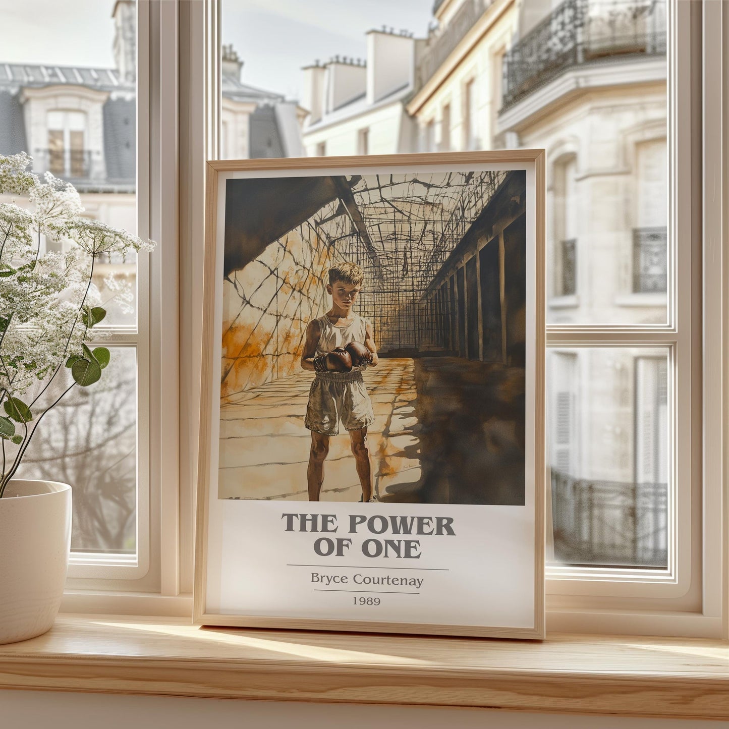 The Power of One book cover print framed by window – literary home decor