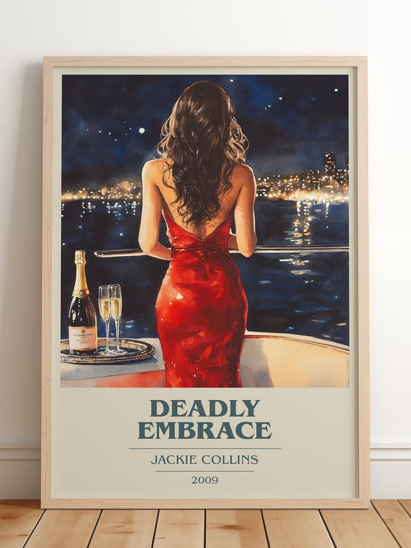 Deadly Embrace book cover print in frame leaning in hallway – romance wall art