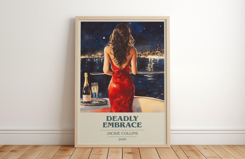 Deadly Embrace book cover print in frame leaning in hallway – romance wall art