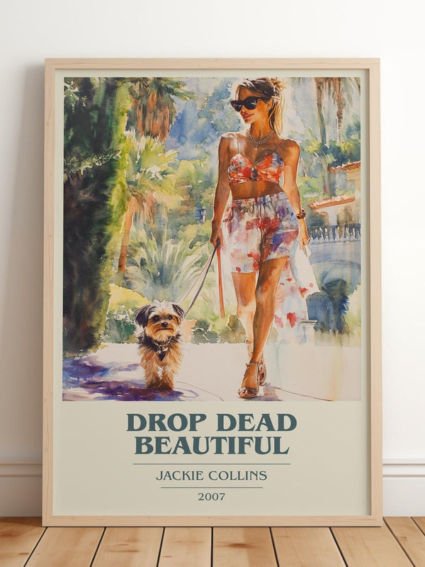 Drop Dead Beautiful book cover print in frame leaning in hallway – romance wall art