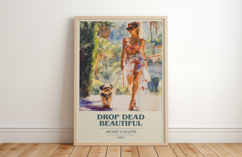 Drop Dead Beautiful book cover print in frame leaning in hallway – romance wall art