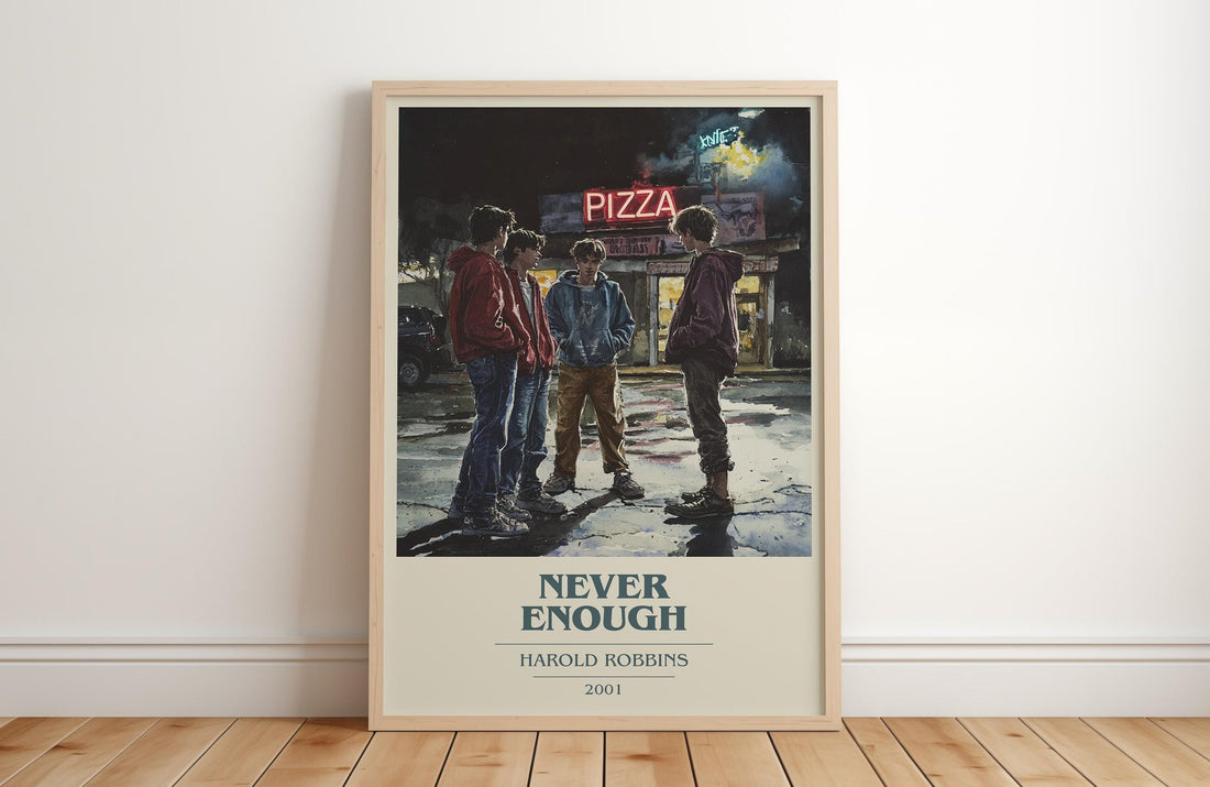 Never Enough book cover print in frame leaning in hallway – romance wall art (mockup)