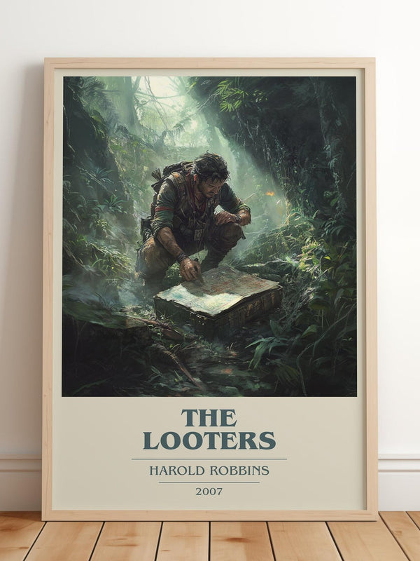 The Looters book cover print in frame leaning in hallway – thriller wall art