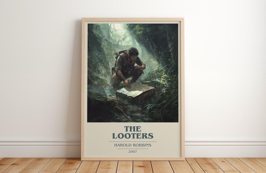 The Looters book cover print in frame leaning in hallway – thriller wall art (mockup)
