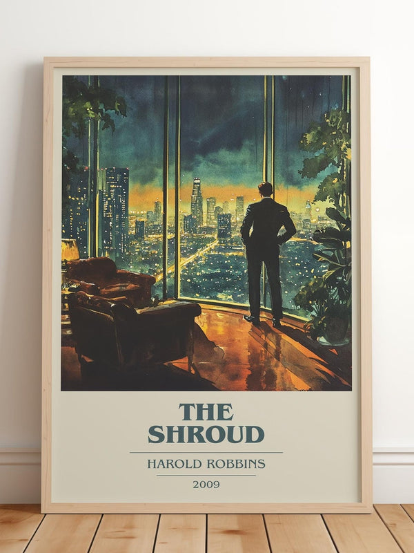The Shroud book cover print in frame leaning in hallway – thriller wall art