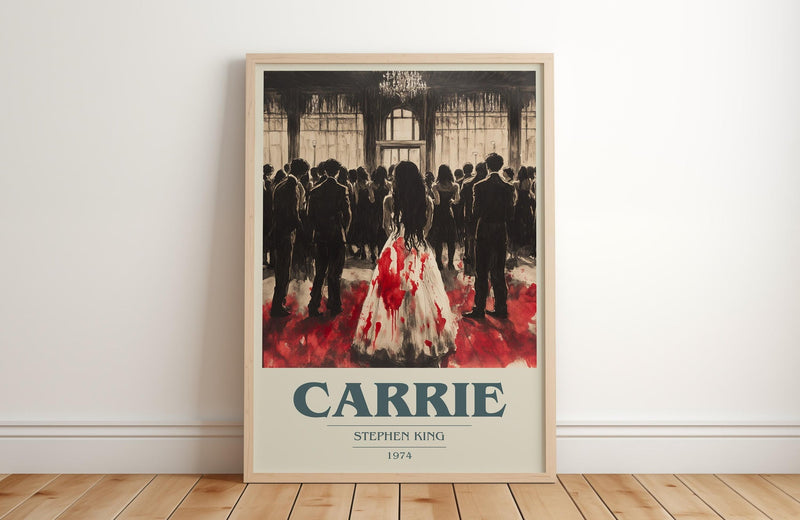 Carrie book cover print in frame leaning in hallway – horror wall art