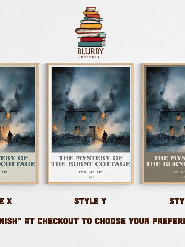 The Mystery of the Burnt Cottage book cover print in frame leaning in hallway – mystery wall art