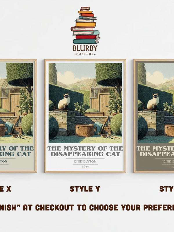 The Mystery of the Disappearing Cat book cover print in frame leaning in hallway – mystery wall art