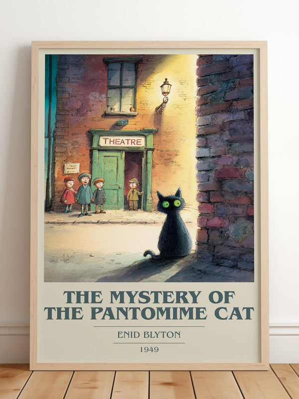 The Mystery of the Pantomime Cat book cover print in frame leaning in hallway – mystery wall art