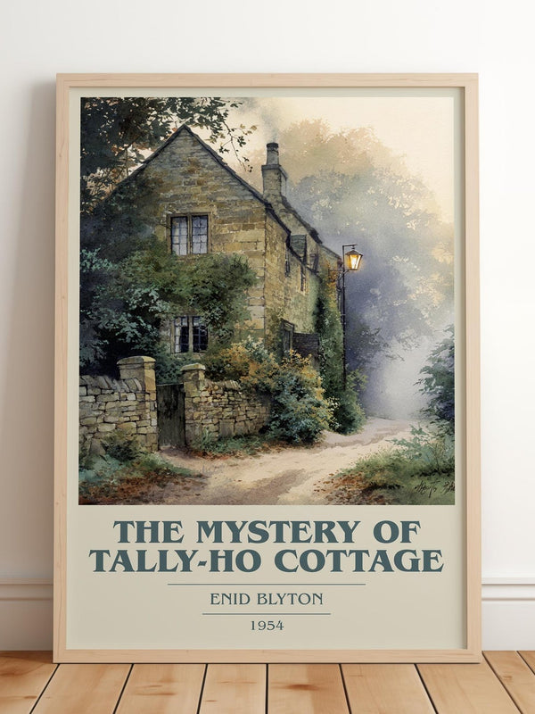 The Mystery of Tally-ho Cottage book cover print in frame leaning in hallway – mystery wall art