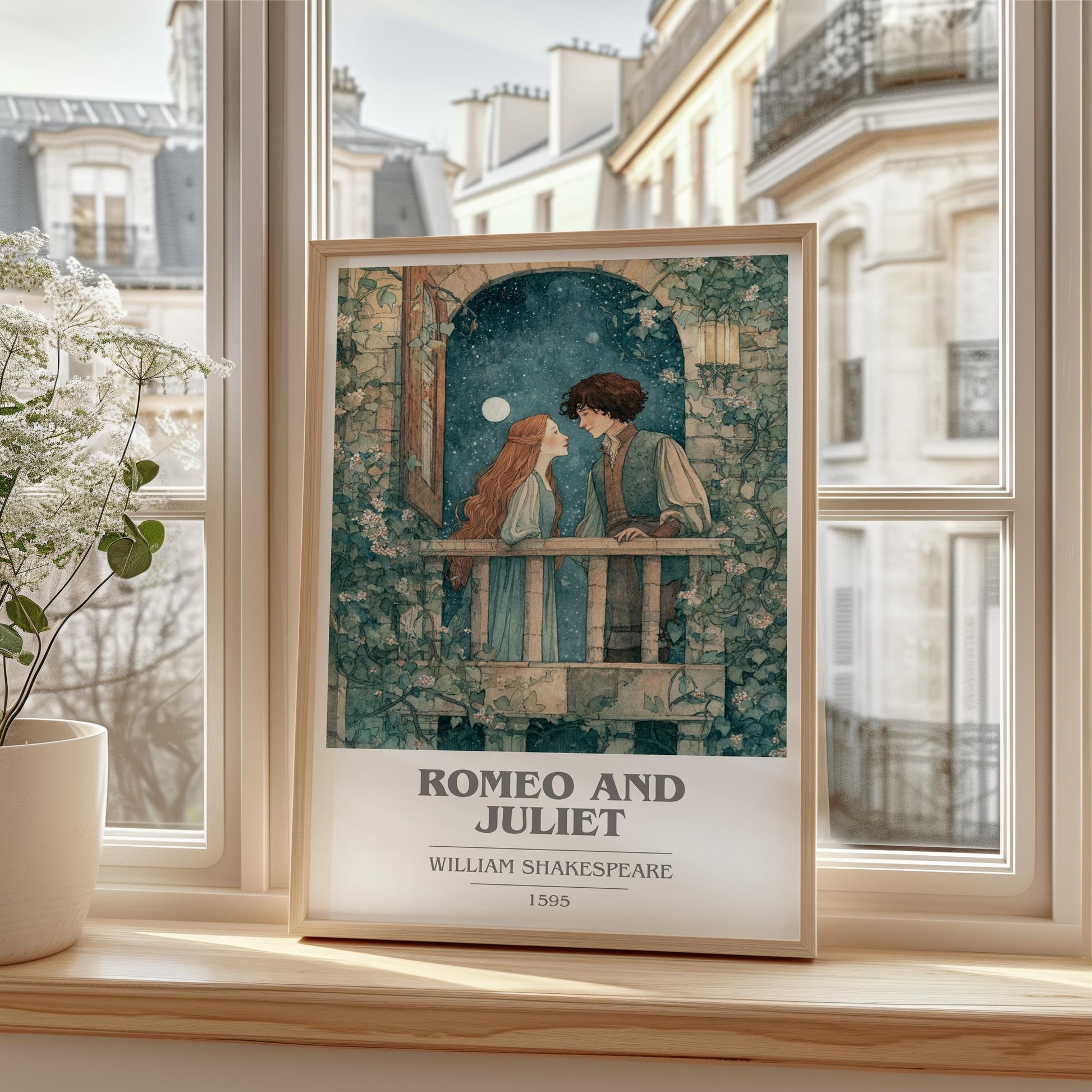 Romeo and Juliet book cover print framed by window – literary home decor