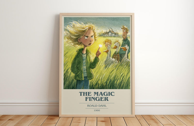 The Magic Finger book cover print in frame leaning in hallway – childrens wall art