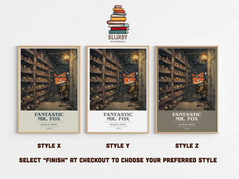 Fantastic Mr. Fox book cover print in frame leaning in hallway – childrens wall art
