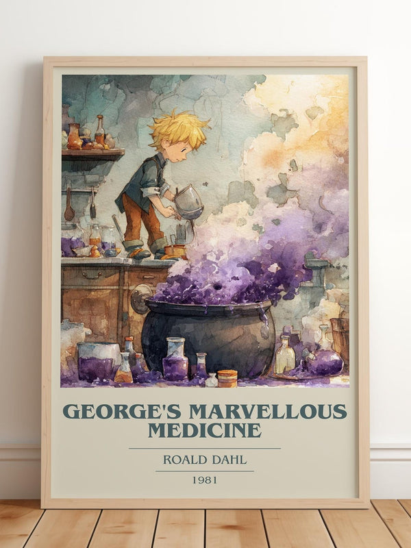 George's Marvellous Medicine book cover print in frame leaning in hallway – childrens wall art