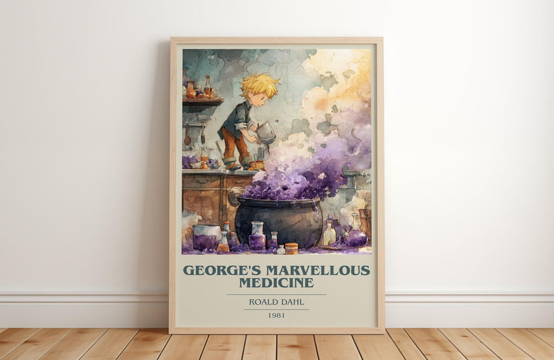 George's Marvellous Medicine book cover print in frame leaning in hallway – childrens wall art