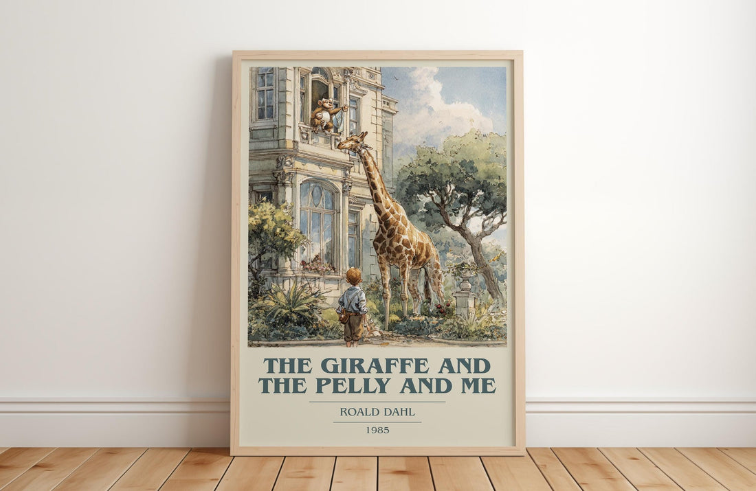 The Giraffe and the Pelly and Me book cover print in frame leaning in hallway – childrens wall art (mockup)
