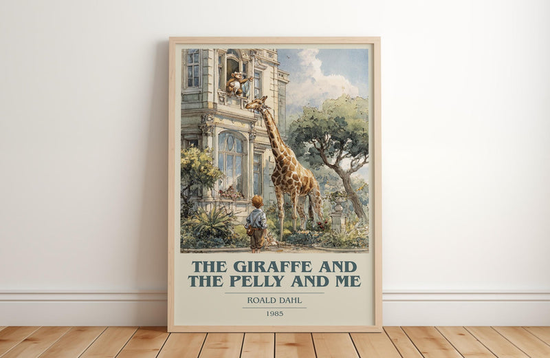 The Giraffe and the Pelly and Me book cover print in frame leaning in hallway – childrens wall art