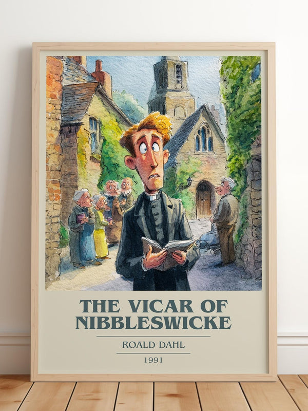 The Vicar of Nibbleswicke book cover print in frame leaning in hallway – childrens wall art