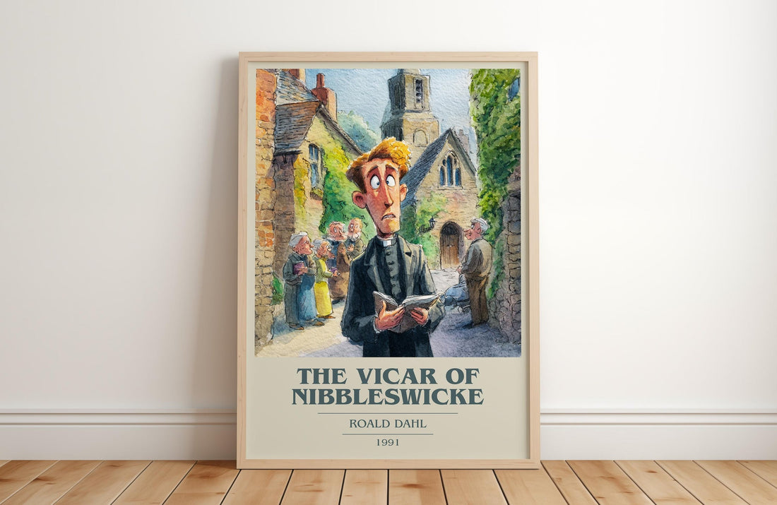 The Vicar of Nibbleswicke book cover print in frame leaning in hallway – childrens wall art (mockup)