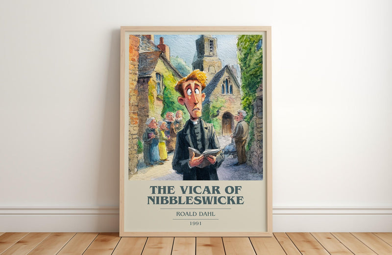 The Vicar of Nibbleswicke book cover print in frame leaning in hallway – childrens wall art
