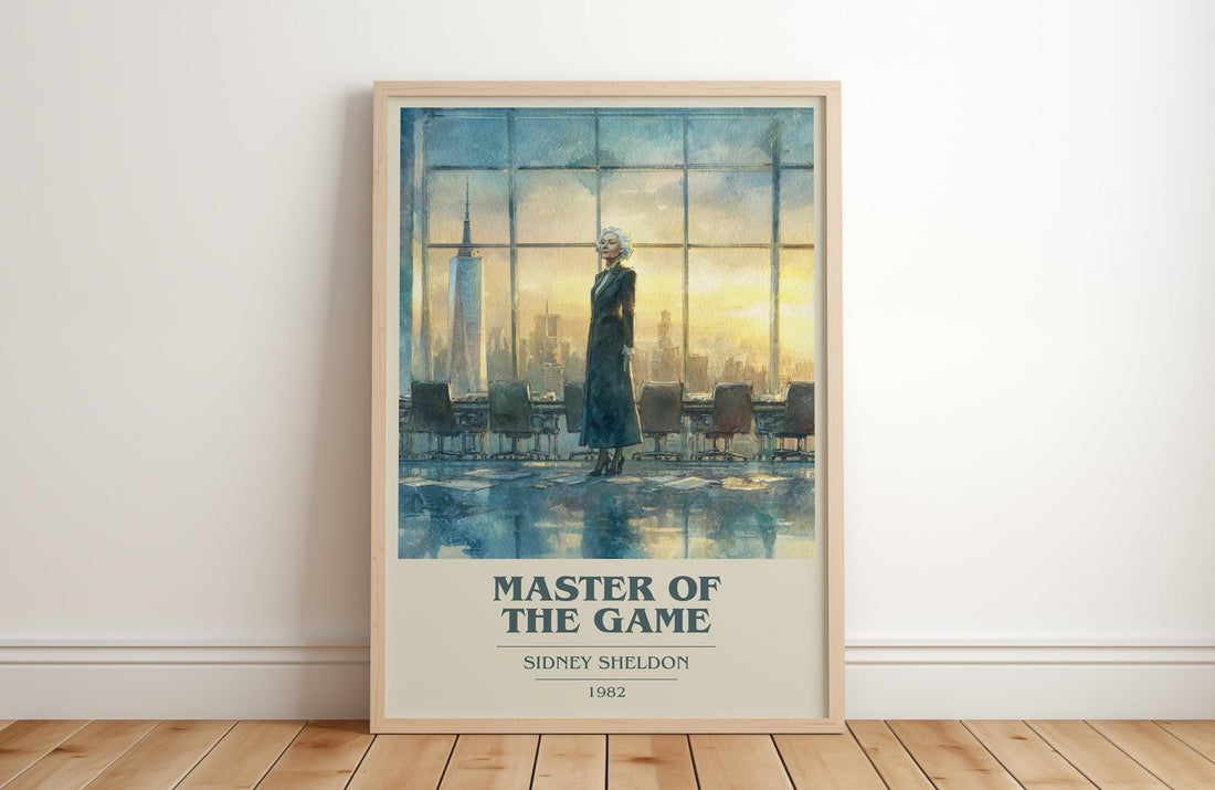 Master of the Game book cover print in frame leaning in hallway – thriller wall art (mockup)