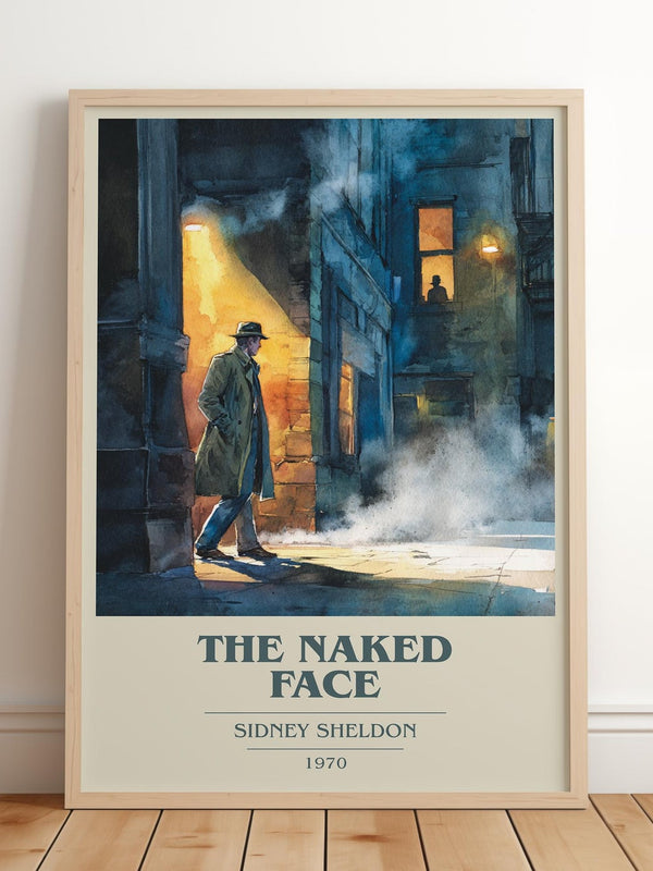 The Naked Face book cover print in frame leaning in hallway – thriller wall art