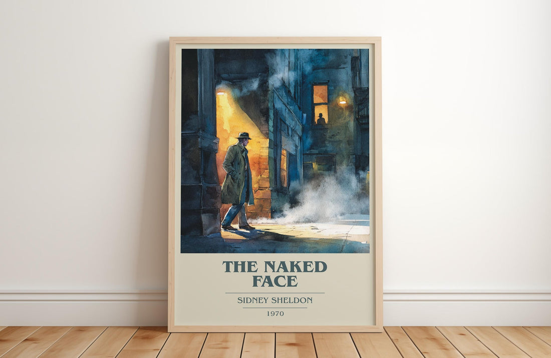 The Naked Face book cover print in frame leaning in hallway – thriller wall art (mockup)