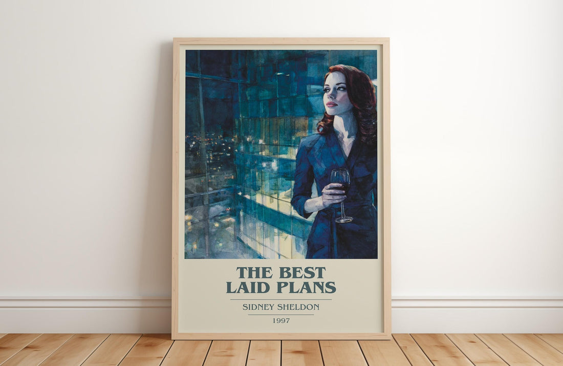 The Best Laid Plans book cover print in frame leaning in hallway – contemporary fiction wall art (mockup)